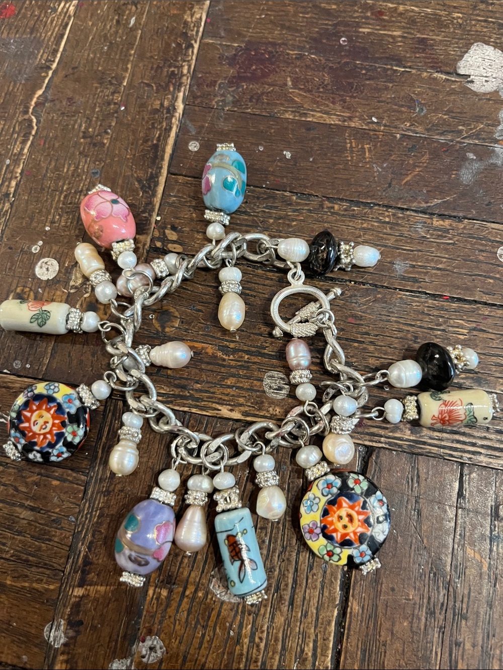 Artisan freshwater Pearl Charm Bracelet -cloisonné/enamel /milifori /charms - Picture 1 of 13
